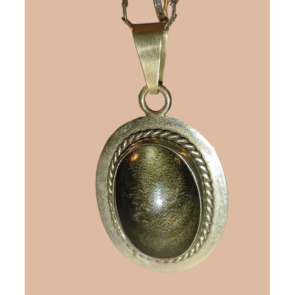 Oval Sheen Obsidian Pendant 925 Necklace 15.83g Sterling Silver Mexico Vintage
